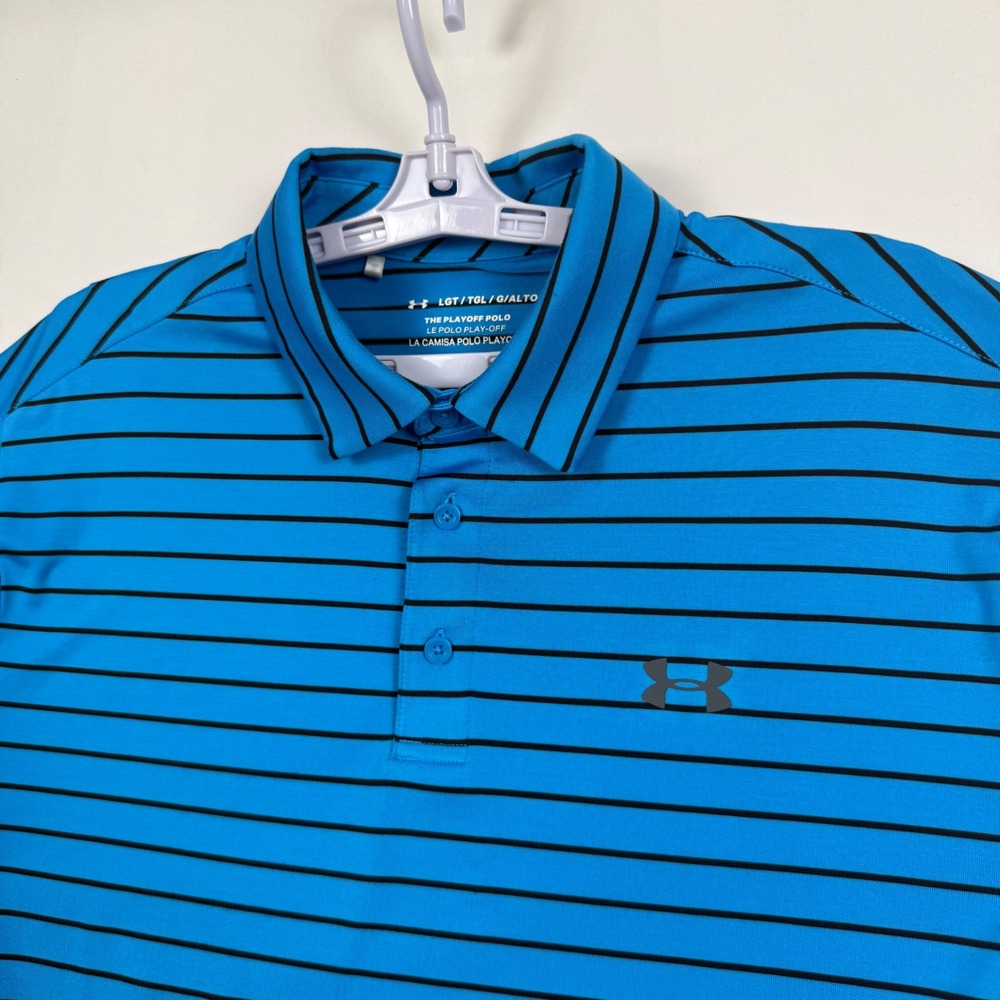 Under Armour Mens LGT Playoff Polo Shirt Blue Black Striped HeatGear Large Tall
